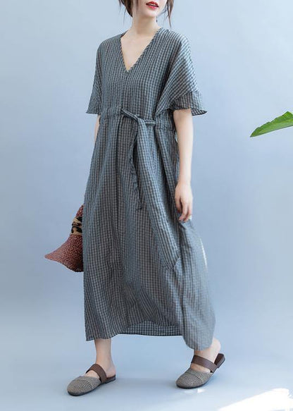 Loose Gray Plaid Clothes V Neck Drawstring Art Summer Dress