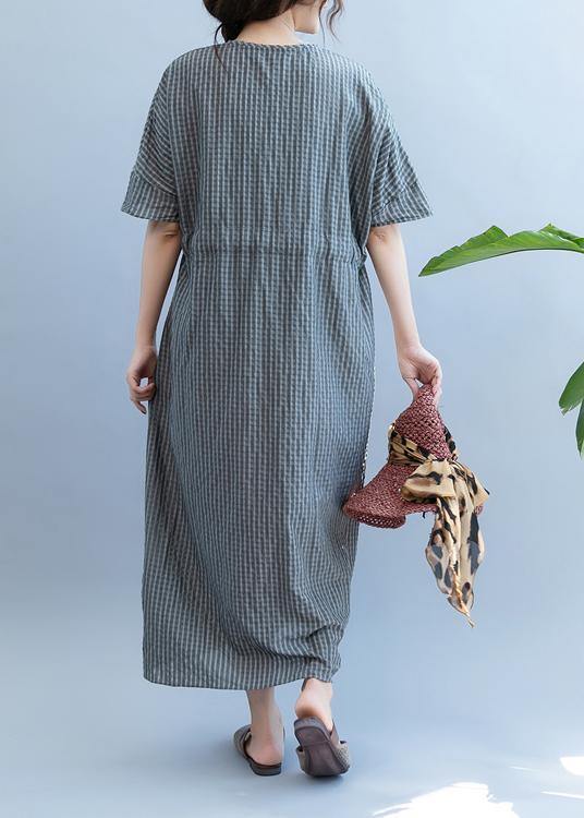 Loose Gray Plaid Clothes V Neck Drawstring Art Summer Dress