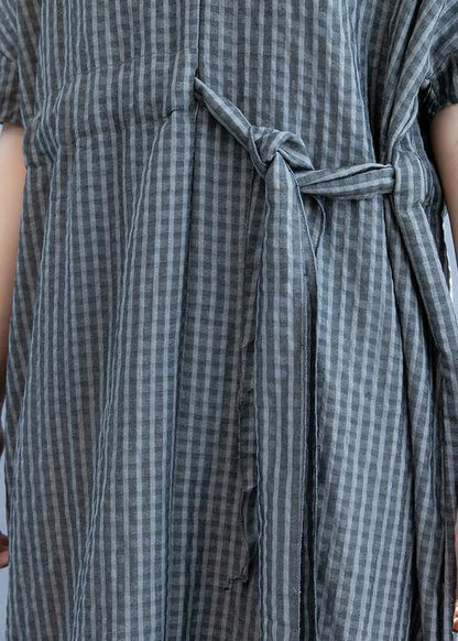 Loose Gray Plaid Clothes V Neck Drawstring Art Summer Dress