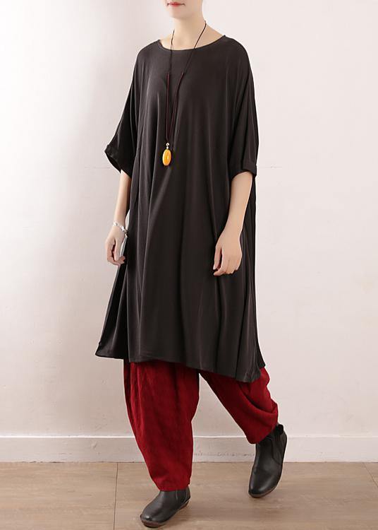 Loose Gray Silk Tunics O Neck Large Hem a Line Summer Dresses