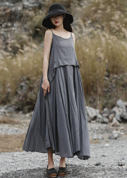 Loose Gray Sleeveless Linen Outfit Loose Waist Maxi Summer Dress