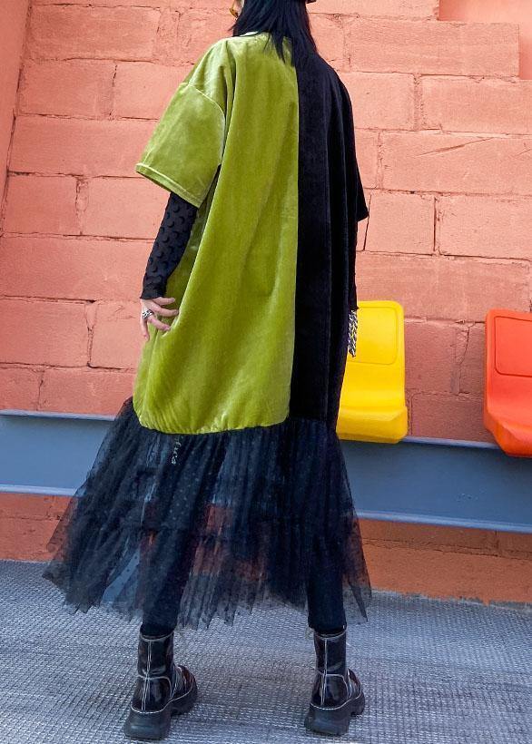 Loose Green Clothes O Neck Patchwork Tulle Robes Spring Dresses