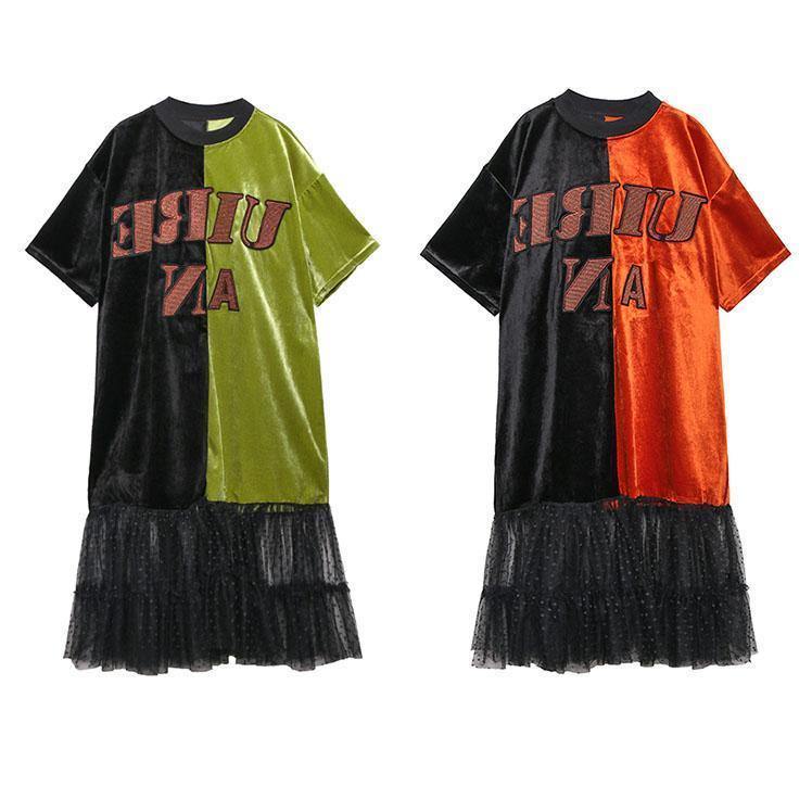 Loose Green Clothes O Neck Patchwork Tulle Robes Spring Dresses