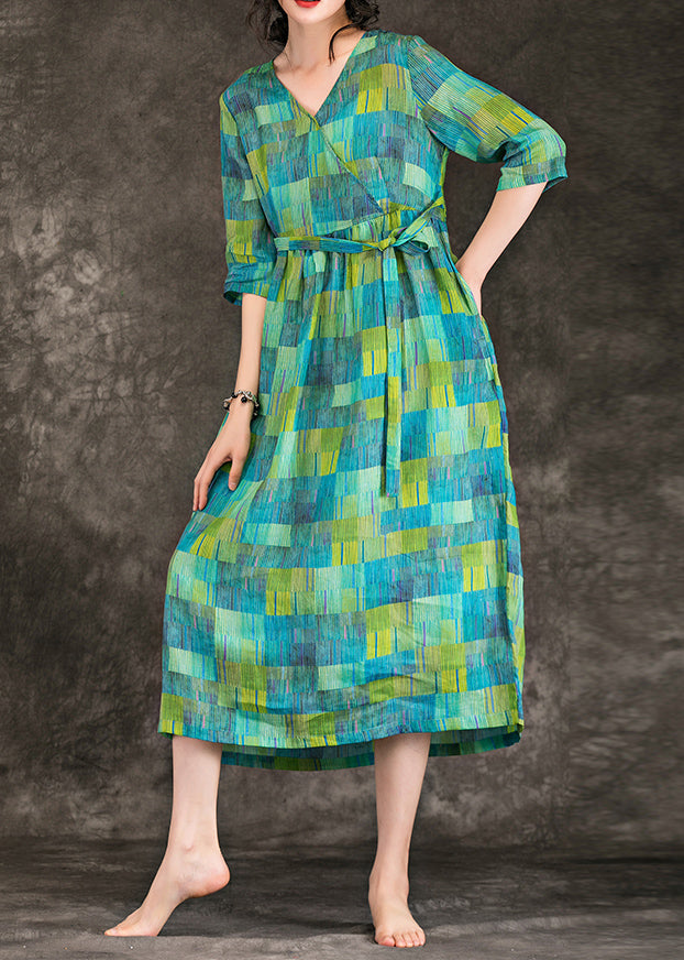 Loose Green Linen Clothes Fabrics V Neck Tie Waist Linen Robes Summer Dress