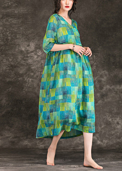 Loose Green Linen Clothes Fabrics V Neck Tie Waist Linen Robes Summer Dress