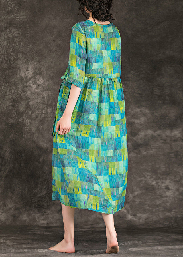 Loose Green Linen Clothes Fabrics V Neck Tie Waist Linen Robes Summer Dress