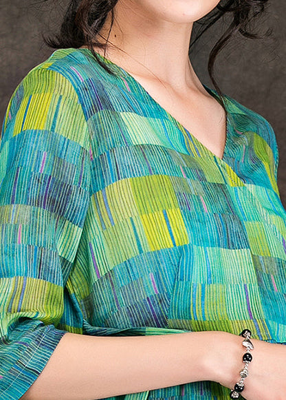 Loose Green Linen Clothes Fabrics V Neck Tie Waist Linen Robes Summer Dress