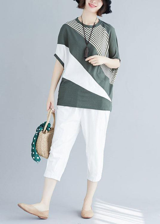Loose Green Patchwork Cotton Tunic Top O Neck Art Summer Blouses