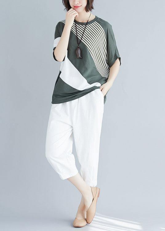 Loose Green Patchwork Cotton Tunic Top O Neck Art Summer Blouses