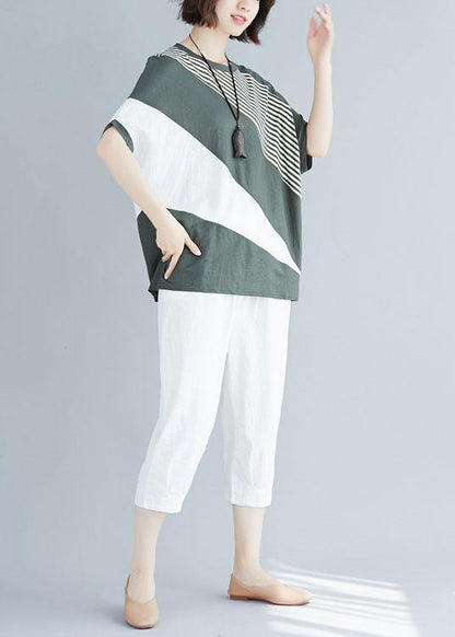 Loose Green Patchwork Cotton Tunic Top O Neck Art Summer Blouses