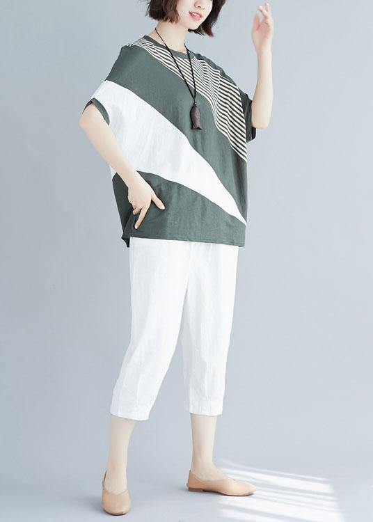 Loose Green Patchwork Cotton Tunic Top O Neck Art Summer Blouses