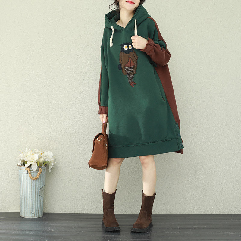 Loose Green Patchwork Red Cotton Tunics Organic Runway Hooded Loose Dress