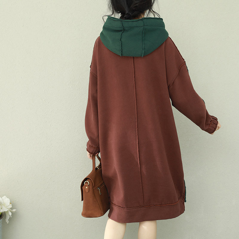 Loose Green Patchwork Red Cotton Tunics Organic Runway Hooded Loose Dress