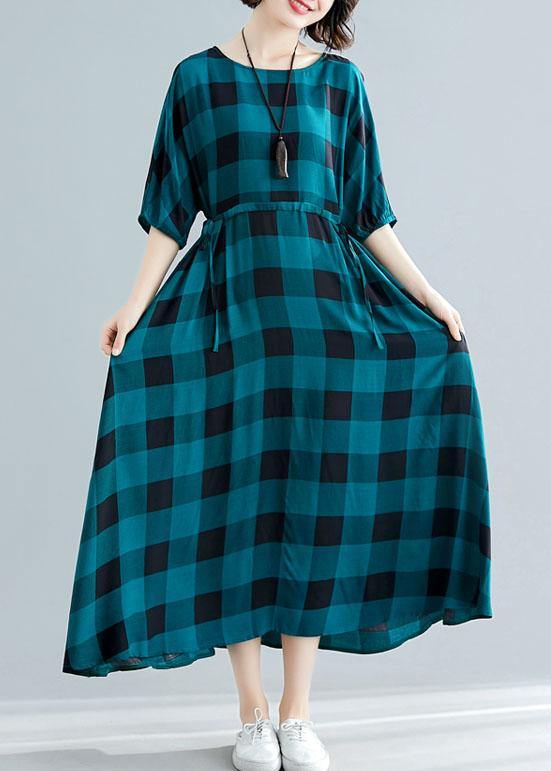 Loose Green Plaid Cotton Dress Half Sleeve Dresses Summer Dresses