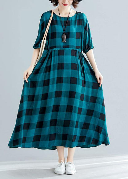 Loose Green Plaid Cotton Dress Half Sleeve Dresses Summer Dresses