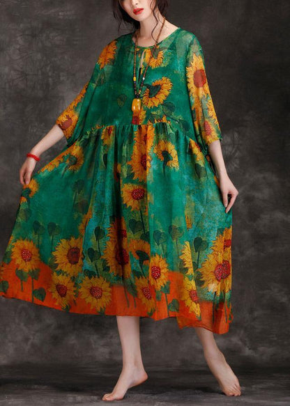 Loose Green Print Clothes for O Neck Cinched Maxi Summer Dresses