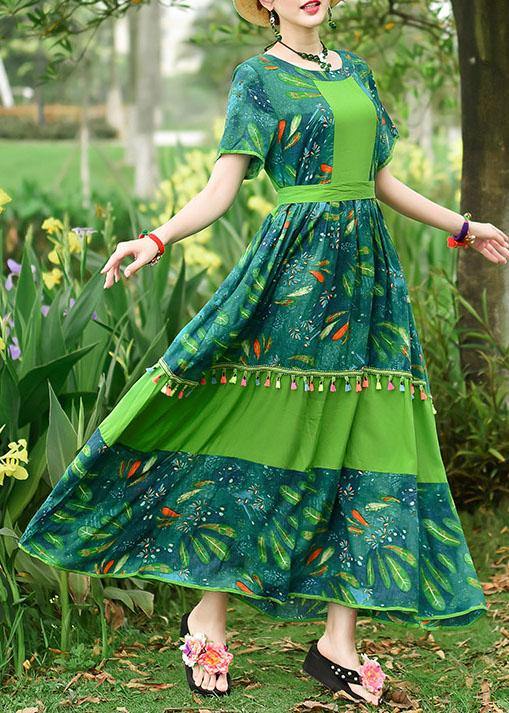 Loose Green Print Cotton Tunics O Neck Patchwork Tassel Art Summer Dresses