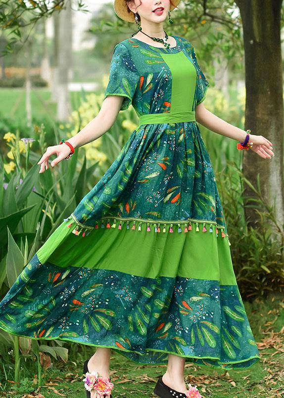 Loose Green Print Cotton Tunics O Neck Patchwork Tassel Art Summer Dresses