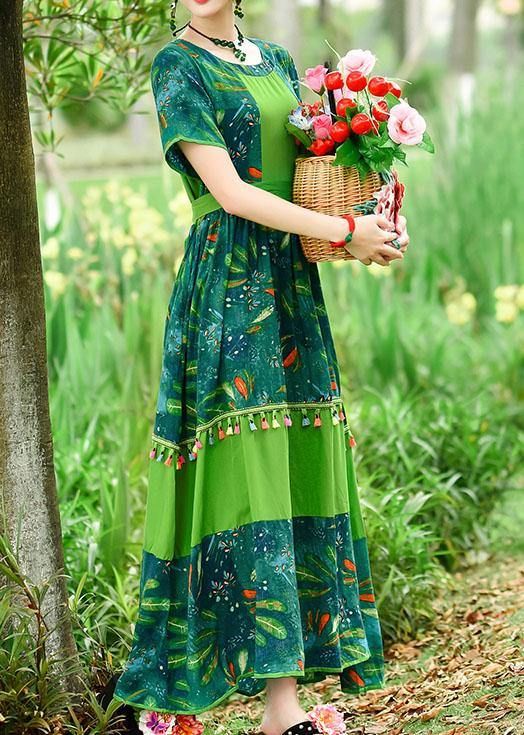 Loose Green Print Cotton Tunics O Neck Patchwork Tassel Art Summer Dresses