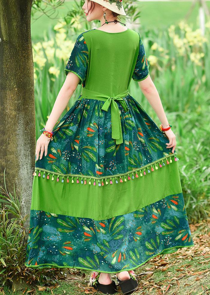 Loose Green Print Cotton Tunics O Neck Patchwork Tassel Art Summer Dresses