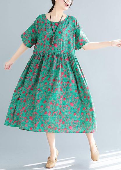 Loose Green Print Cotton Linen Dresses Inspiration O Neck Pockets Dresses Summer Dress
