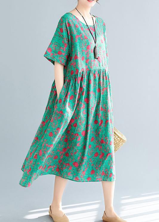 Loose Green Print Cotton Linen Dresses Inspiration O Neck Pockets Dresses Summer Dress