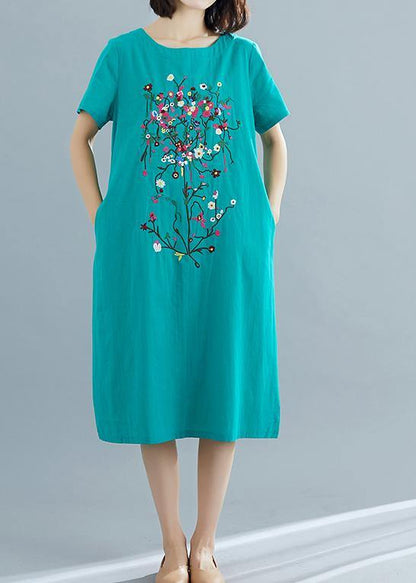 Loose Green Prints Cotton Dresses Pattern O Neck Summer Dresses