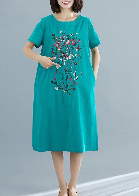 Loose Green Prints Cotton Dresses Pattern O Neck Summer Dresses
