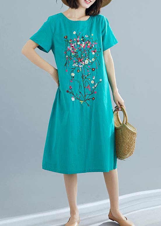 Loose Green Prints Cotton Dresses Pattern O Neck Summer Dresses