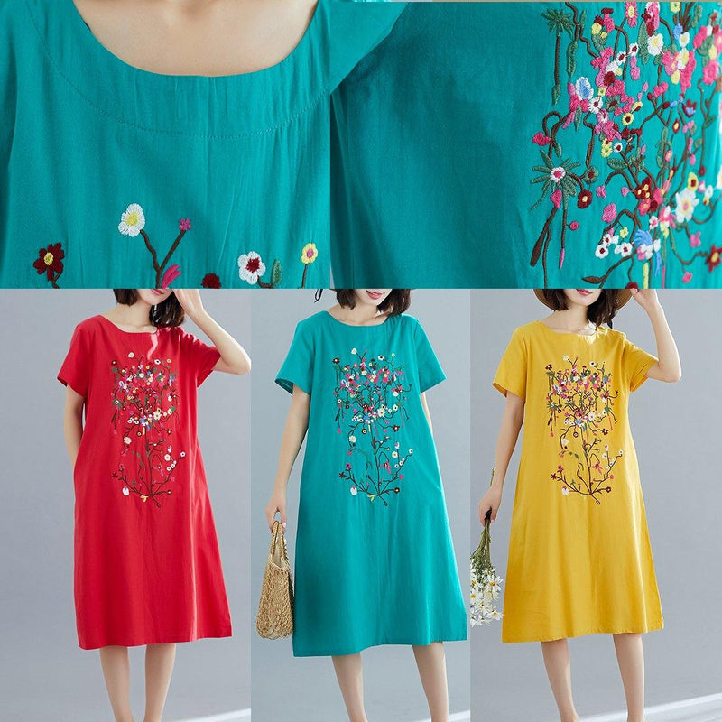 Loose Green Prints Cotton Dresses Pattern O Neck Summer Dresses