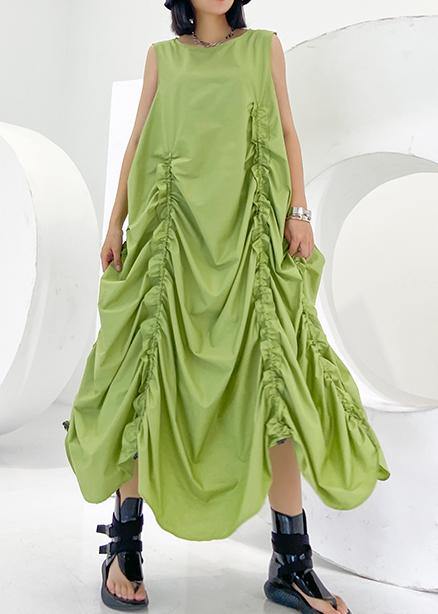 Loose Green Cinched Cotton Dresses O Neck Sleeveless Maxi Dresses