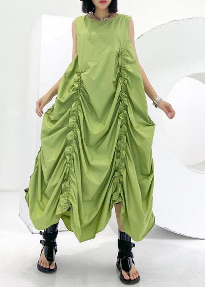 Loose Green Cinched Cotton Dresses O Neck Sleeveless Maxi Dresses