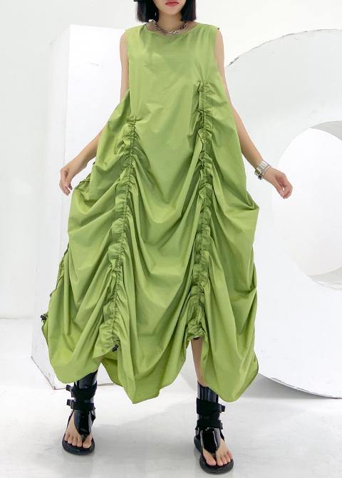 Loose Green Cinched Cotton Dresses O Neck Sleeveless Maxi Dresses