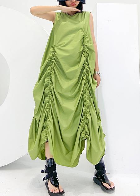 Loose Green Cinched Cotton Dresses O Neck Sleeveless Maxi Dresses