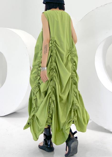 Loose Green Cinched Cotton Dresses O Neck Sleeveless Maxi Dresses
