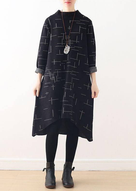 Loose High Neck Fallclothes Linen Black Plaid Dress