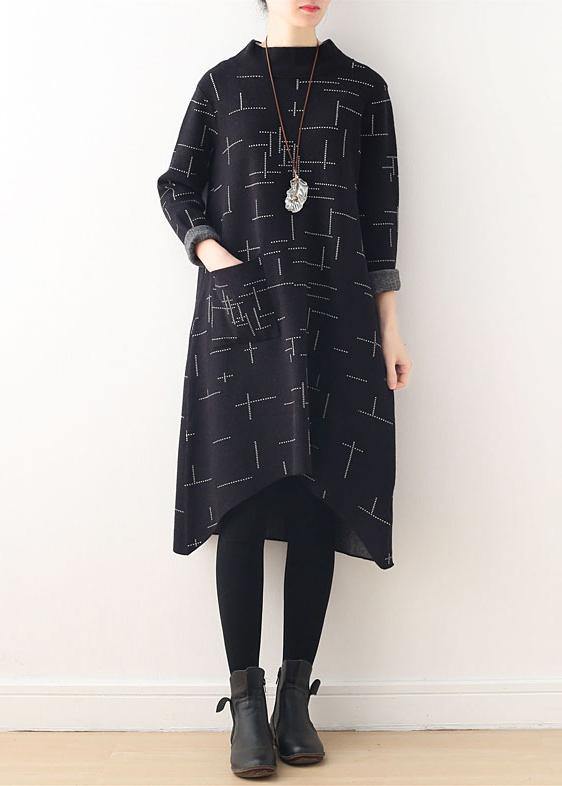 Loose High Neck Fallclothes Linen Black Plaid Dress