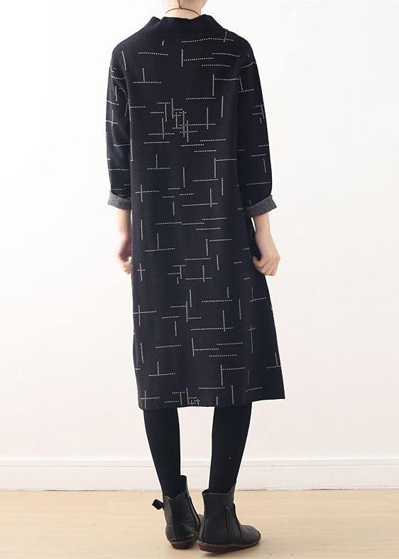 Loose High Neck Fallclothes Linen Black Plaid Dress