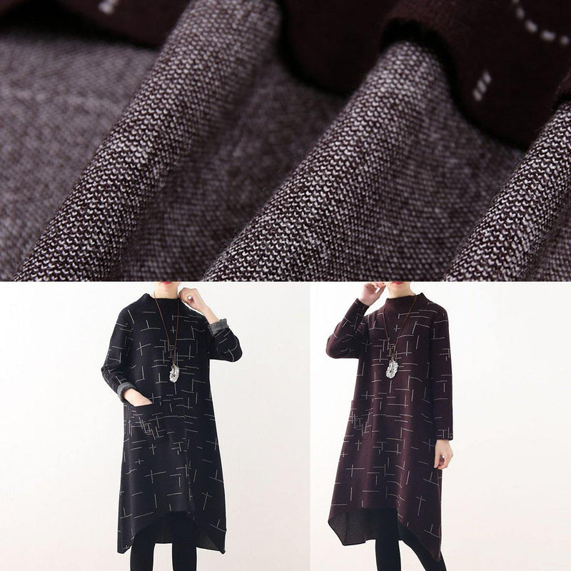 Loose High Neck Fallclothes Linen Black Plaid Dress