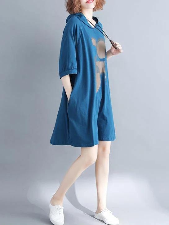 Loose Hooded Cotton Dress Shape Blue Print Dress Summer