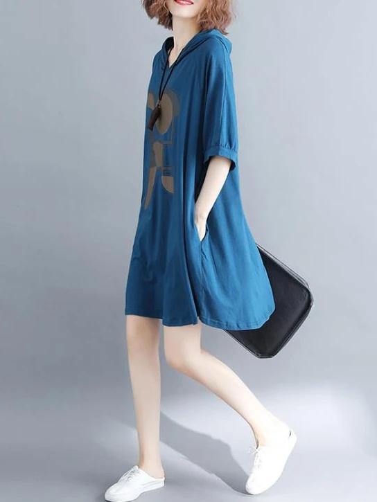 Loose Hooded Cotton Dress Shape Blue Print Dress Summer