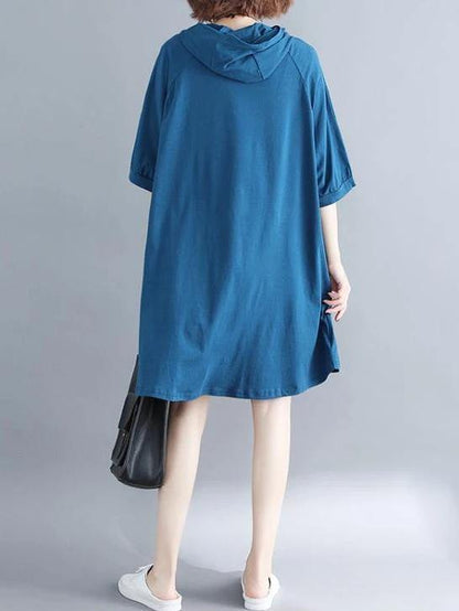 Loose Hooded Cotton Dress Shape Blue Print Dress Summer