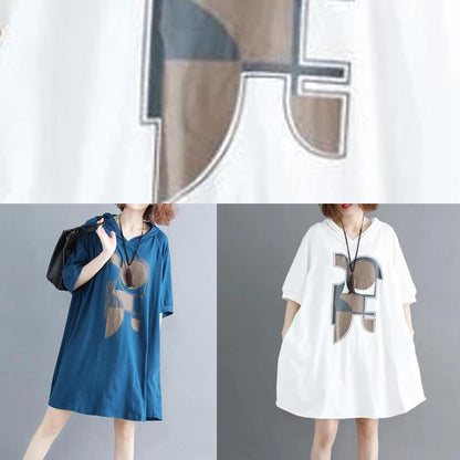 Loose Hooded Cotton Dress Shape Blue Print Dress Summer