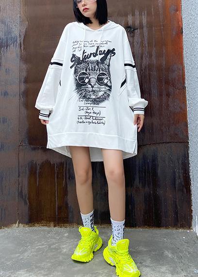 Loose Hooded Fall Outfit Work Outfits White Print Dress