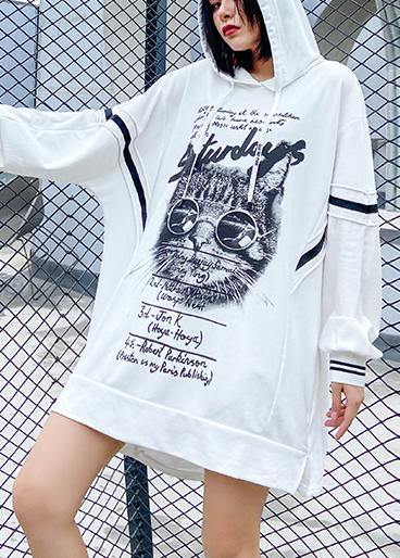 Loose Hooded Fall Outfit Work Outfits White Print Dress