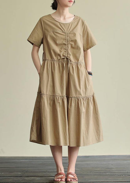 Loose Khaki Cotton Tunics O Neck Drawstring Traveling Summer Dress