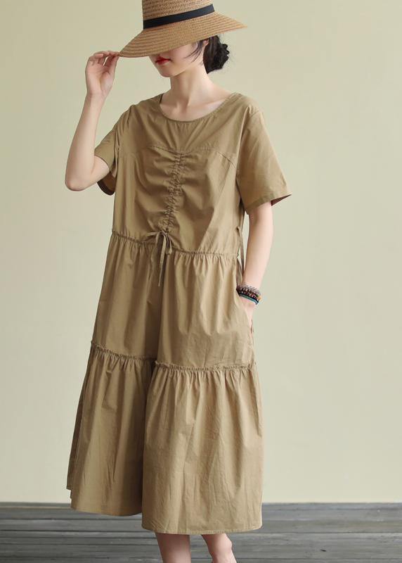 Loose Khaki Cotton Tunics O Neck Drawstring Traveling Summer Dress