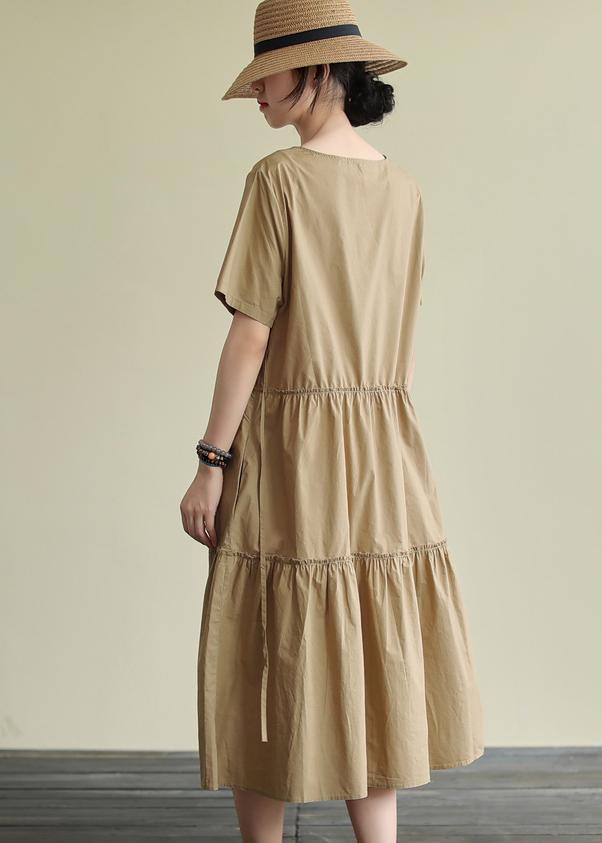 Loose Khaki Cotton Tunics O Neck Drawstring Traveling Summer Dress