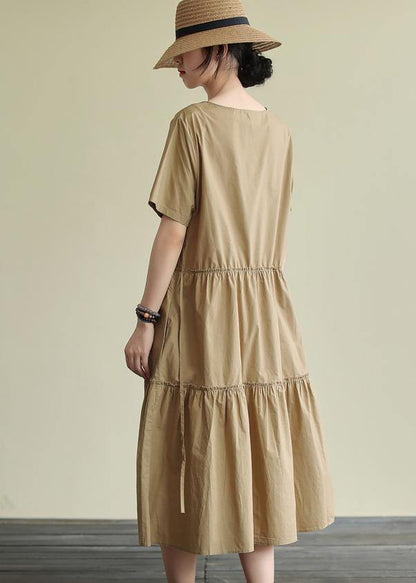 Loose Khaki Cotton Tunics O Neck Drawstring Traveling Summer Dress