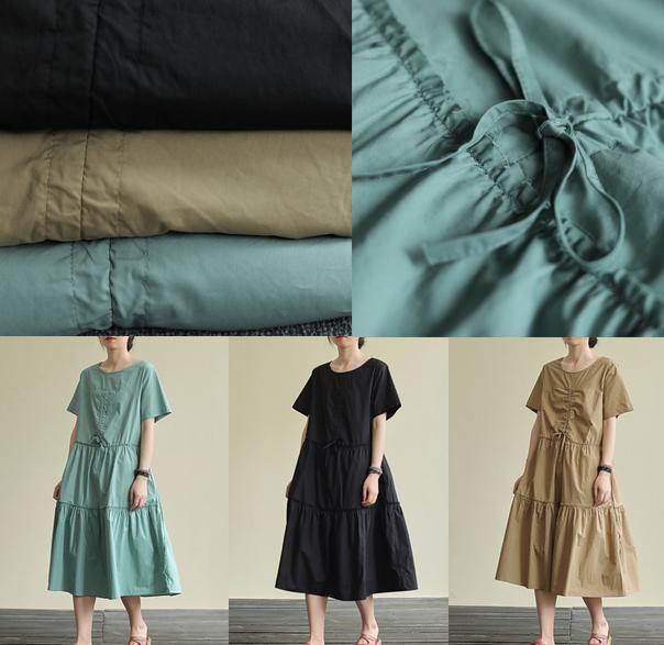 Loose Khaki Cotton Tunics O Neck Drawstring Traveling Summer Dress